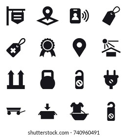 16 vector icon set : shop signboard, pointer, pass card, label, medal, do not distrub, trailer, package, handle washing