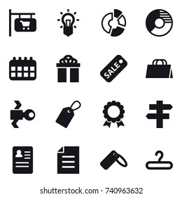 16 vector icon set : shop signboard, bulb, circle diagram, calendar, gift, sale, shopping bag, satellite, label, medal, singlepost, hanger
