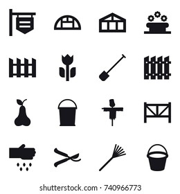 16 vector icon set : shop signboard, greenhouse, flower bed, fence, shovel, pear, bucket, scarecrow, farm fence, sow, pruner, rake