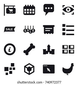 16 vector icon set : shop signboard, calendar, message, eye identity, sale, atm receipt, list, info, castle, panel house, chicken