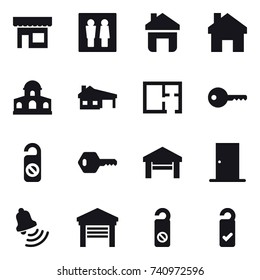16 vector icon set : shop, wc, home, mansion, house with garage, plan, key, do not distrub, garage, door, bell, please clean