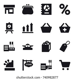 16 vector icon set : shop, purse, annual report, percent, presentation, graph up, basket, add to basket, store, scales, shopping bag, label, cashbox, store signboard, mall