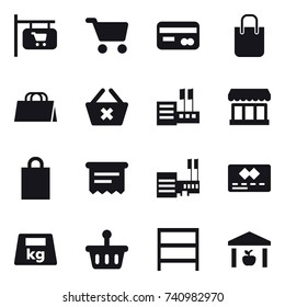 16 vector icon set : shop signboard, cart, card, shopping bag, delete cart, store, market, atm receipt, mall, rack, warehouse