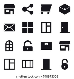 16 vector icon set : shop, share, delivery, box, mail, window, door, arch window, unlock