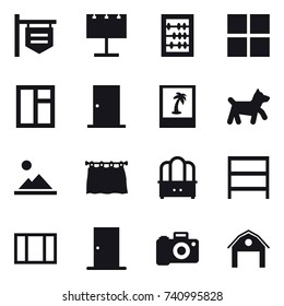 16 vector icon set : shop signboard, billboard, abacus, window, door, photo, dog, landscape, curtain, dresser, rack, barn