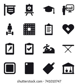 16 vector icon set : shop signboard, presentation, graduate hat, hoverboard, cpu, clipboard, surfer, iron board, cutting board, utility room
