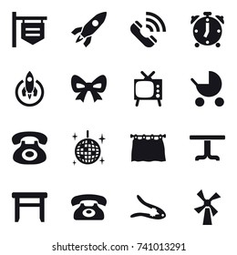 16 vector icon set : shop signboard, rocket, call, alarm clock, bow, tv, baby stroller, disco ball, curtain, table, stool, phone, walnut crack, windmill