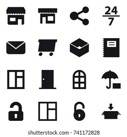 16 vector icon set : shop, share, 24/7, mail, delivery, box, copybook, window, door, arch window, unlocked, package