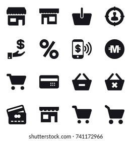 16 vector icon set : shop, basket, target audience, investment, percent, phone pay, crypto currency, cart, credit card, remove from basket, delete cart