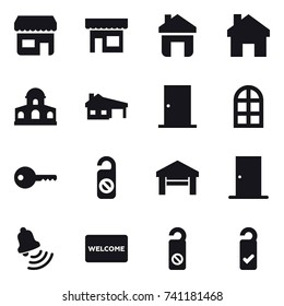 16 vector icon set : shop, home, mansion, house with garage, door, arch window, key, do not distrub, garage, bell, welcome mat, please clean