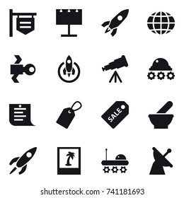 16 vector icon set : shop signboard, billboard, rocket, globe, satellite, telescope, lunar rover, shopping list, label, sale label, photo