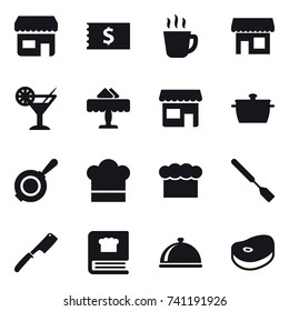 16 vector icon set : shop, receipt, hot drink, cocktail, restaurant, pan, cook hat, chef  hat, spatula, chef knife