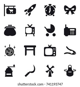 16 vector icon set : shop signboard, rocket, alarm clock, bow, purse, tv, baby stroller, disco ball, stool, walnut crack, hand mill, sickle, windmill, apron