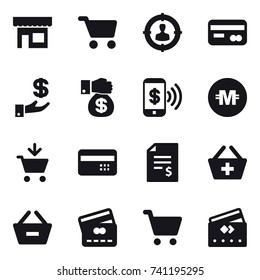 16 vector icon set : shop, cart, target audience, card, investment, money gift, phone pay, crypto currency, add to cart, credit card, account balance, add to basket, remove from basket