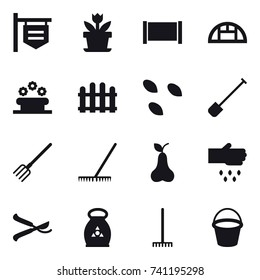 16 vector icon set : shop signboard, flower, fence, greenhouse, flower bed, seeds, shovel, fork, rake, pear, sow, pruner, fertilizer, bucket