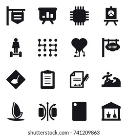16 vector icon set : shop signboard, presentation, chip, hoverboard, cardio chip, under construction, surfer, windsurfing, cutting board, utility room