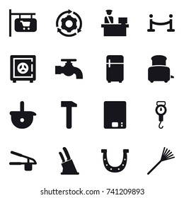 16 vector icon set : shop signboard, around gear, vip fence, safe, water tap, fridge, toaster, kitchen scales, handle scales, garlic clasp, knife holder, horseshoe, rake