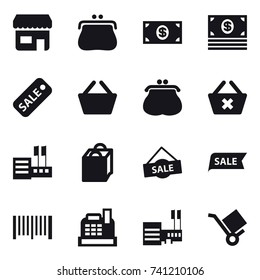 16 vector icon set : shop, purse, money, sale, basket, delete cart, store, shopping bag, barcode, cashbox, mall