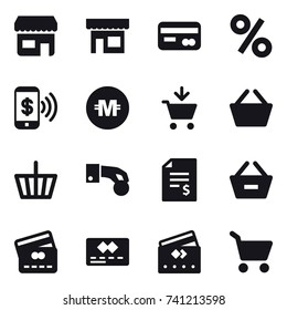 16 vector icon set : shop, card, percent, phone pay, crypto currency, add to cart, basket, hand coin, account balance, remove from basket, credit card, cart
