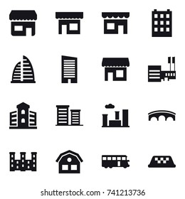 16 vector icon set : shop, building, skyscraper, mall, district, city, bridge, palace, house, bus, taxi