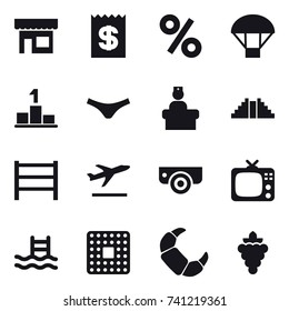 16 vector icon set : shop, receipt, percent, parachute, pedestal, underpants, pyramid, departure, surveillance camera, tv, pool, grape