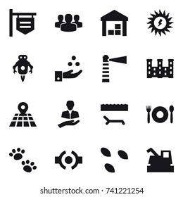 16 vector icon set : shop signboard, group, warehouse, sun power, jet robot, chamical industry, lighthouse, palace, lounger, cafe, pets, seeds, harvester