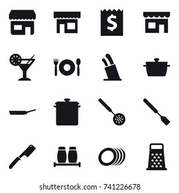 16 vector icon set : shop, receipt, cocktail, cafe, stands for knives, pan, skimmer, spatula, chef knife