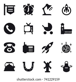 16 vector icon set : shop signboard, alarm clock, table lamp, rocket, phone, tv, baby stroller, church, disco ball, kettle, horseshoe, windmill, apron