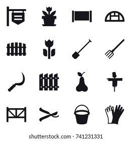 16 vector icon set : shop signboard, flower, fence, greenhouse, shovel, fork, sickle, pear, scarecrow, farm fence, pruner, bucket, gloves