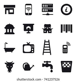 16 vector icon set : shop, phone wireless, server, info, goverment house, presentation, japanese house, bath, tv, stairs, cow, watering can, water tap, trash bin