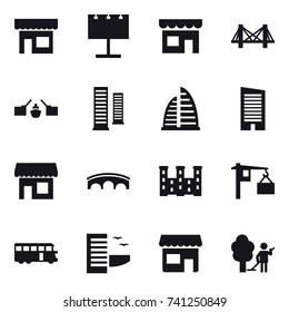 16 vector icon set : shop, billboard, bridge, drawbridge, skyscrapers, skyscraper, palace, bus, hotel, garden cleaning