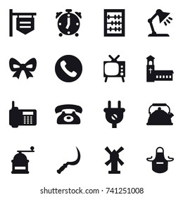 16 vector icon set : shop signboard, alarm clock, abacus, table lamp, bow, phone, tv, church, kettle, hand mill, sickle, windmill, apron