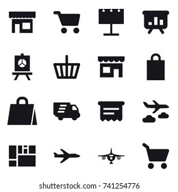 16 vector icon set : shop, cart, billboard, presentation, basket, shopping bag, delivery, atm receipt, journey, plane