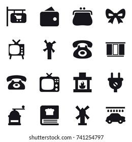 16 vector icon set : shop signboard, wallet, purse, bow, tv, windmill, wardrobe, phone, fireplace, hand mill, car wash