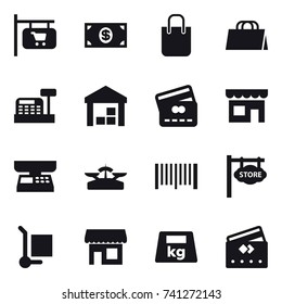 16 vector icon set : shop signboard, money, shopping bag, cashbox, warehouse, credit card, shop, market scales, scales, barcode, store signboard, cargo stoller
