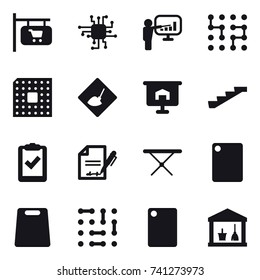 16 vector icon set : shop signboard, chip, presentation, cpu, under construction, stairs, iron board, cutting board, utility room