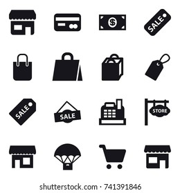16 vector icon set : shop, card, money, sale, shopping bag, label, sale label, cashbox, store signboard