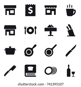 16 vector icon set : shop, receipt, hot drink, cafe, restaurant, stands for knives, pan, knife, chef knife, wine