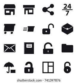 16 vector icon set : shop, share, 24/7, delivery, unlock, box, mail, copybook, unlocked, window