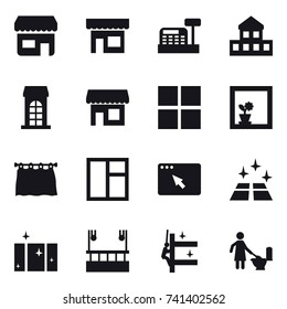 16 vector icon set : shop, cashbox, cottage, building, window, flower in window, curtain, clean floor, clean  window, skyscapers cleaning, skyscrapers cleaning, toilet cleaning