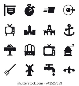 16 vector icon set : shop signboard, stopwatch, delivery, cell corection, tv, castle, fort, restaurant, dresser, hand mill, fork, windmill, water tap, hard reach place cleaning