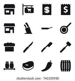 16 vector icon set : shop, shop signboard, receipt, stands for knives, pan, chef  hat, knife, chef knife, meat hammer, hot pepper, barrel