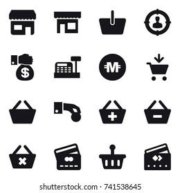 16 vector icon set : shop, basket, target audience, money gift, cashbox, crypto currency, add to cart, hand coin, add to basket, remove from basket, delete cart, credit card