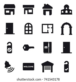 16 vector icon set : shop, home, mansion, door, arch window, plan, arch, do not distrub, key, fridge, bell, welcome mat, garage, please clean