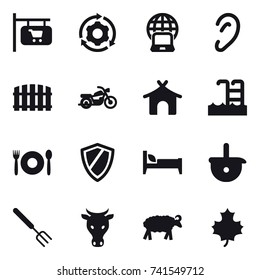 16 vector icon set : shop signboard, around gear, notebook globe, fence, motorcycle, bungalow, pool, cafe, shield, bed, big fork, cow, sheep, maple leaf