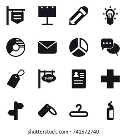 16 vector icon set : shop signboard, billboard, pencil, bulb, circle diagram, mail, diagram, discussion, label, hanger, toilet cleanser