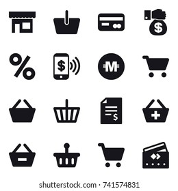 16 vector icon set : shop, basket, card, money gift, percent, phone pay, crypto currency, cart, account balance, add to basket, remove from basket, credit card