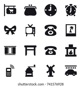 16 vector icon set : shop signboard, purse, clock, alarm clock, bow, tv, photo, wardrobe, stool, phone, fireplace, hand mill, windmill, car wash