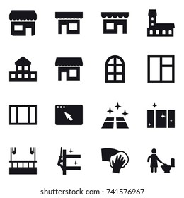 16 vector icon set : shop, mansion, cottage, arch window, window, clean floor, clean  window, skyscapers cleaning, skyscrapers cleaning, wiping, toilet cleaning