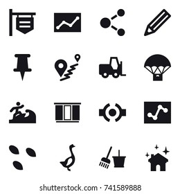 16 vector icon set : shop signboard, statistic, molecule, pencil, surfer, wardrobe, seeds, goose, bucket and broom, house cleaning
